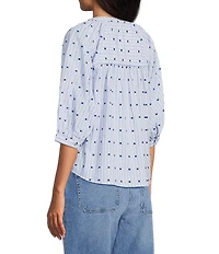 Nurture Embroidered Stripe Button Front Elbow Sleeve Y-Neck Top