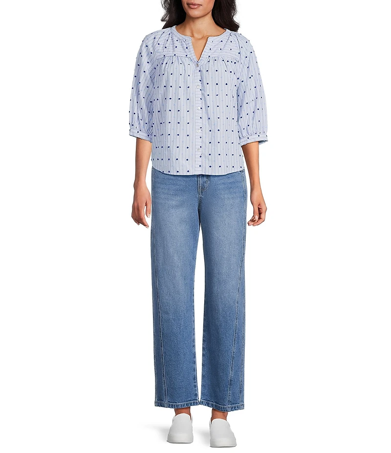 Nurture Embroidered Stripe Button Front Elbow Sleeve Y-Neck Top