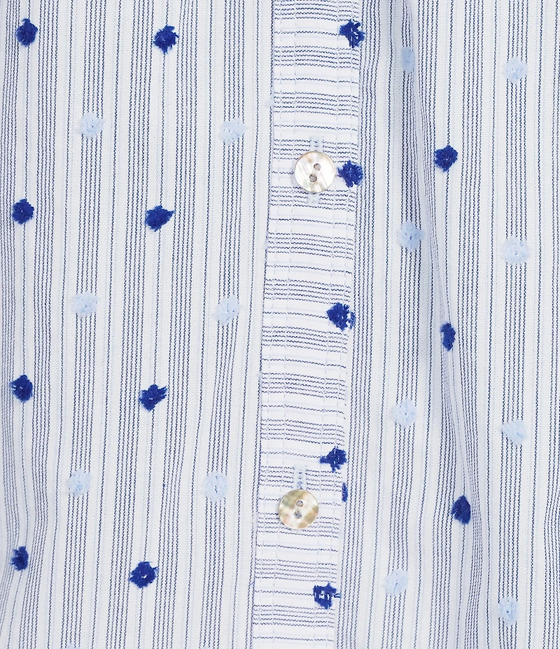Nurture Embroidered Stripe Button Front Elbow Sleeve Y-Neck Top