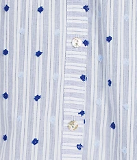 Nurture Embroidered Stripe Button Front Elbow Sleeve Y-Neck Top