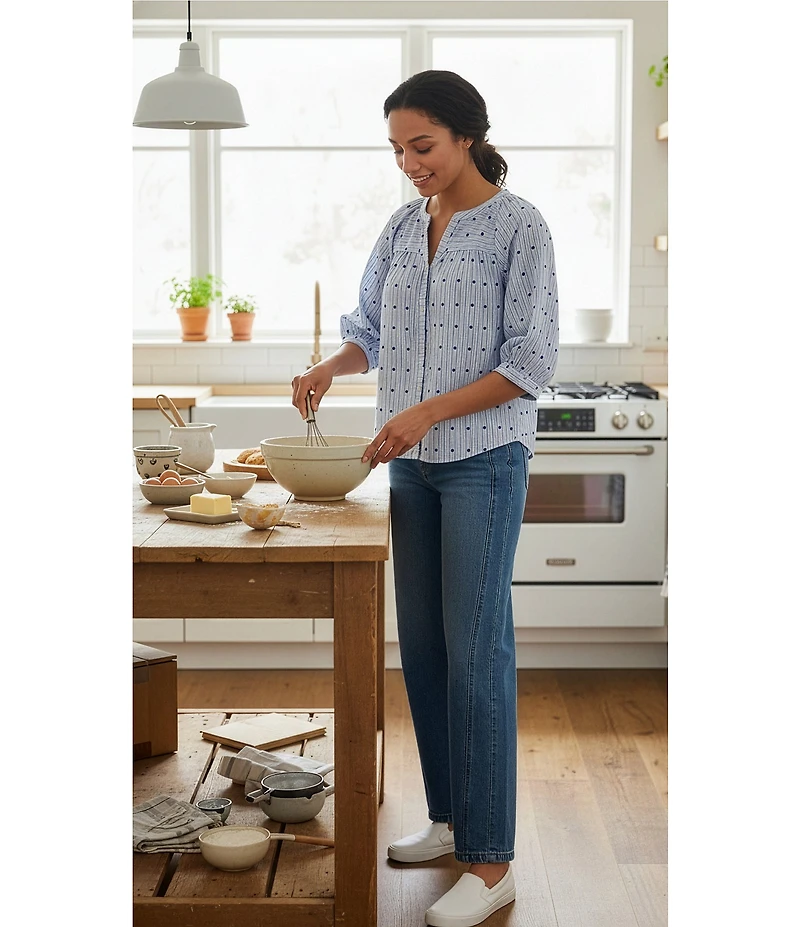 Nurture Embroidered Stripe Button Front Elbow Sleeve Y-Neck Top