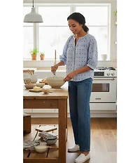 Nurture Embroidered Stripe Button Front Elbow Sleeve Y-Neck Top