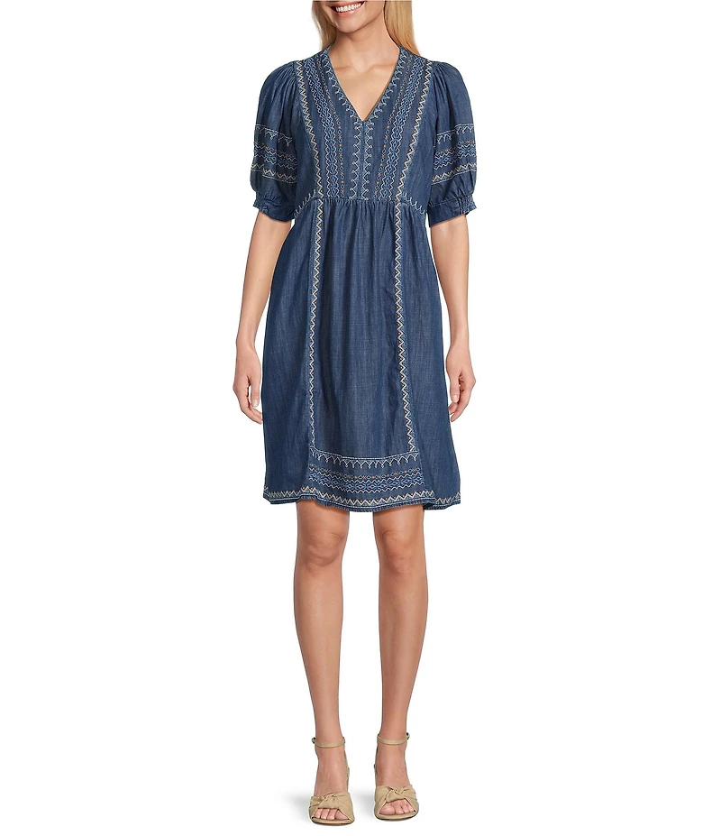 Nurture Lyocell Embroidered V-Neck Elbow Sleeve A-Line Dress