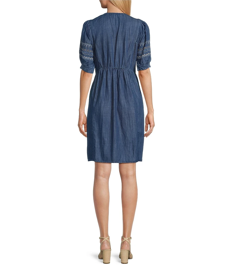 Nurture Lyocell Embroidered V-Neck Elbow Sleeve A-Line Dress