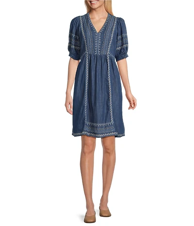 Nurture Lyocell Embroidered V-Neck Elbow Sleeve A-Line Dress