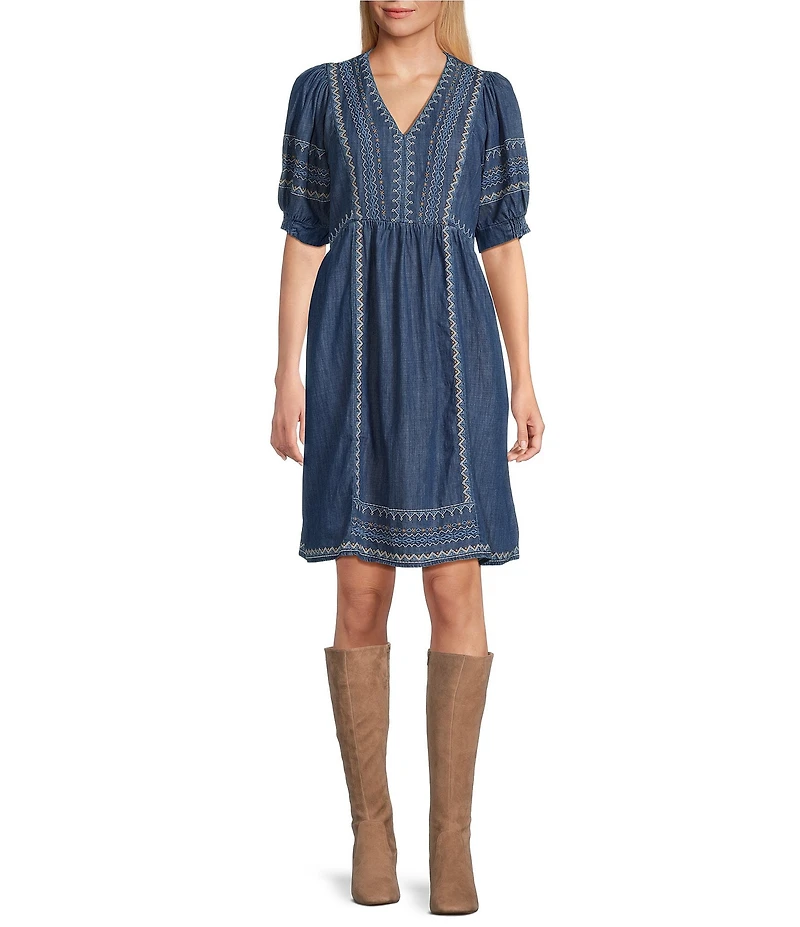 Nurture Lyocell Embroidered V-Neck Elbow Sleeve A-Line Dress