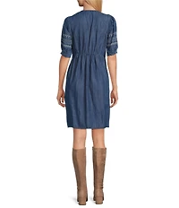 Nurture Lyocell Embroidered V-Neck Elbow Sleeve A-Line Dress