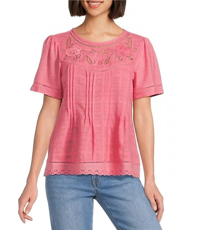 Nurture Embroidered Yoke Pintuck Short Sleeve Crew Neck Knit Top