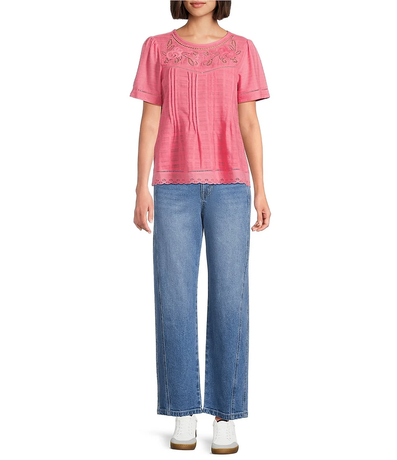 Nurture Embroidered Yoke Pintuck Short Sleeve Crew Neck Knit Top