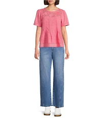 Nurture Embroidered Yoke Pintuck Short Sleeve Crew Neck Knit Top