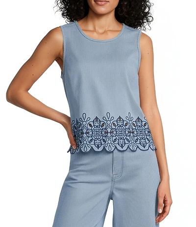 Nurture Eyelet Embroidered Striped Sleeveless Crew Neck Coordinating Tank Top