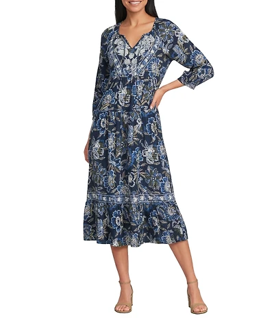 Nurture Floral Embroidered 3/4 Sleeve V-Neck Midi Dress