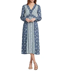 Nurture Floral Long Sleeve V Neck Crinkle Woven Midi Dress