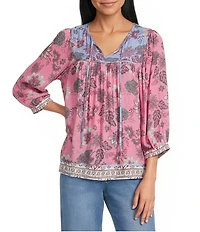 Nurture Floral Print Elbow Sleeve Tassel V-Neck Peasant Top
