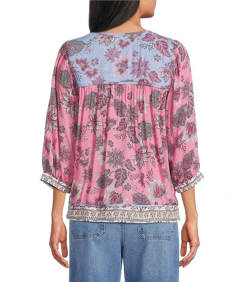 Nurture Floral Print Elbow Sleeve Tassel V-Neck Peasant Top
