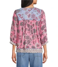 Nurture Floral Print Elbow Sleeve Tassel V-Neck Peasant Top