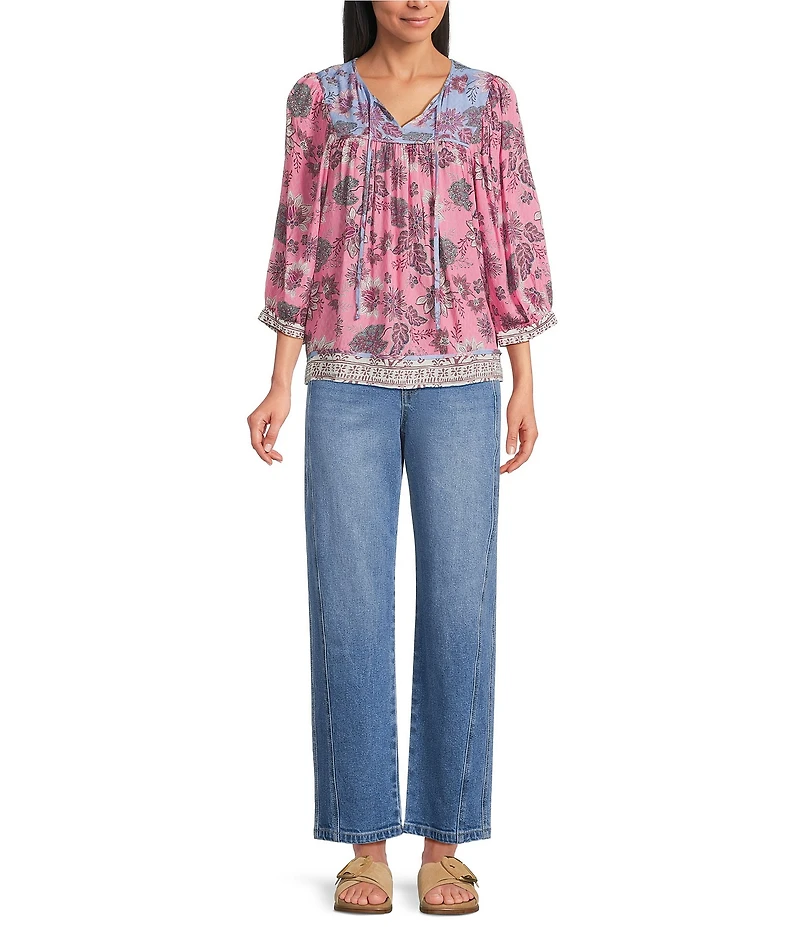 Nurture Floral Print Elbow Sleeve Tassel V-Neck Peasant Top