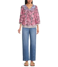 Nurture Floral Print Elbow Sleeve Tassel V-Neck Peasant Top