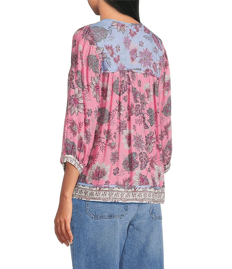 Nurture Floral Print Elbow Sleeve Tassel V-Neck Peasant Top