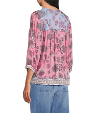 Nurture Floral Print Elbow Sleeve Tassel V-Neck Peasant Top