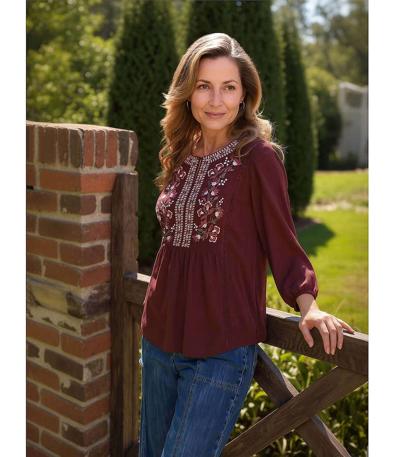 Nurture Gauze 3/4 Sleeve Keyhole Neck Embroidered Lace Square Yoke Top