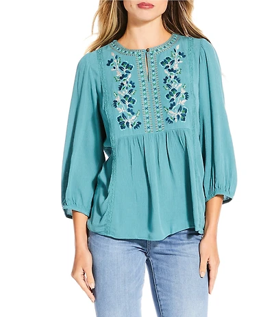 Nurture Gauze 3/4 Sleeve Keyhole Neck Embroidered Lace Square Yoke Top