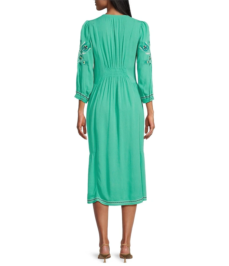 Nurture Gauze Embroidered 3/4 Sleeve Midi Dress