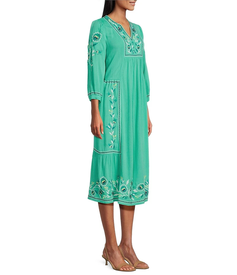 Nurture Gauze Embroidered 3/4 Sleeve Midi Dress