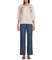 Nurture Knit Crew Neck 3/4 Sleeve Embroidered Top