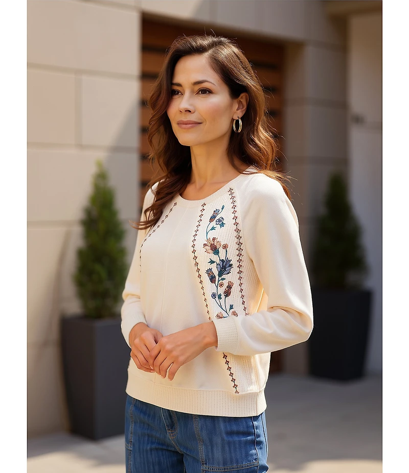 Nurture Knit Crew Neck 3/4 Sleeve Embroidered Top