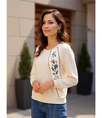 Nurture Knit Crew Neck 3/4 Sleeve Embroidered Top