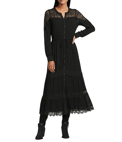 Nurture Lace Inset Y-Neck Long Sleeve Button Front Midi Shirt Dress