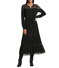 Nurture Lace Inset Y-Neck Long Sleeve Button Front Midi Shirt Dress