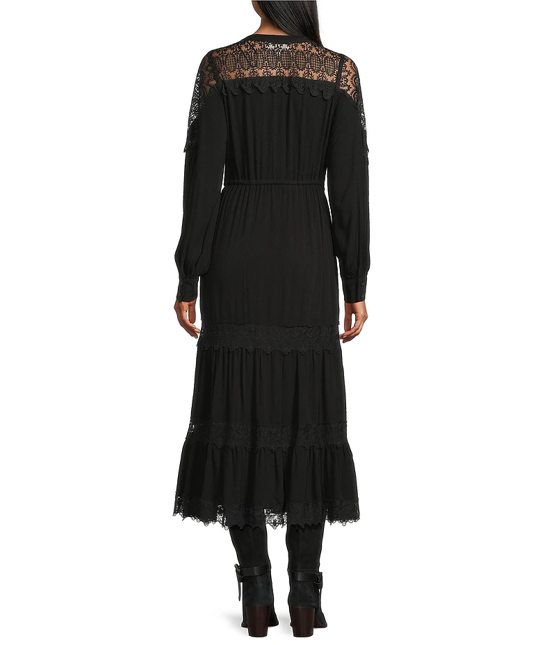 Nurture Lace Inset Y-Neck Long Sleeve Button Front Midi Shirt Dress