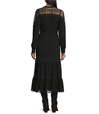 Nurture Lace Inset Y-Neck Long Sleeve Button Front Midi Shirt Dress