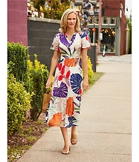 Nurture Leaf Print Short Flutter Sleeve V-Neck A-Line Maxi Dress