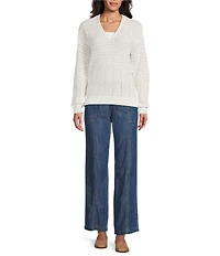 Nurture Long Sleeve V-Neck Open Stitch Pullover Top
