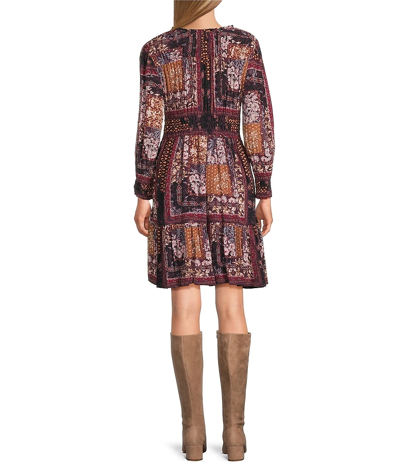 Nurture Printed Ruched Long Sleeve V-Neck Short A-Line Dress
