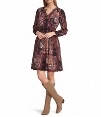 Nurture Printed Ruched Long Sleeve V-Neck Short A-Line Dress