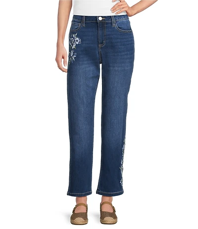 Nurture Mid Rise Embroidered Straight Leg Ankle Length Jeans