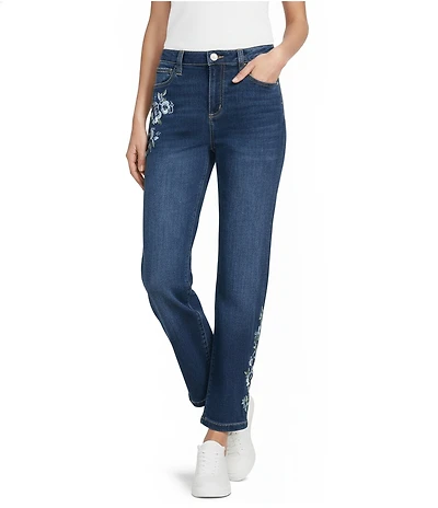 Nurture Mid Rise Embroidered Straight Leg Ankle Length Jeans
