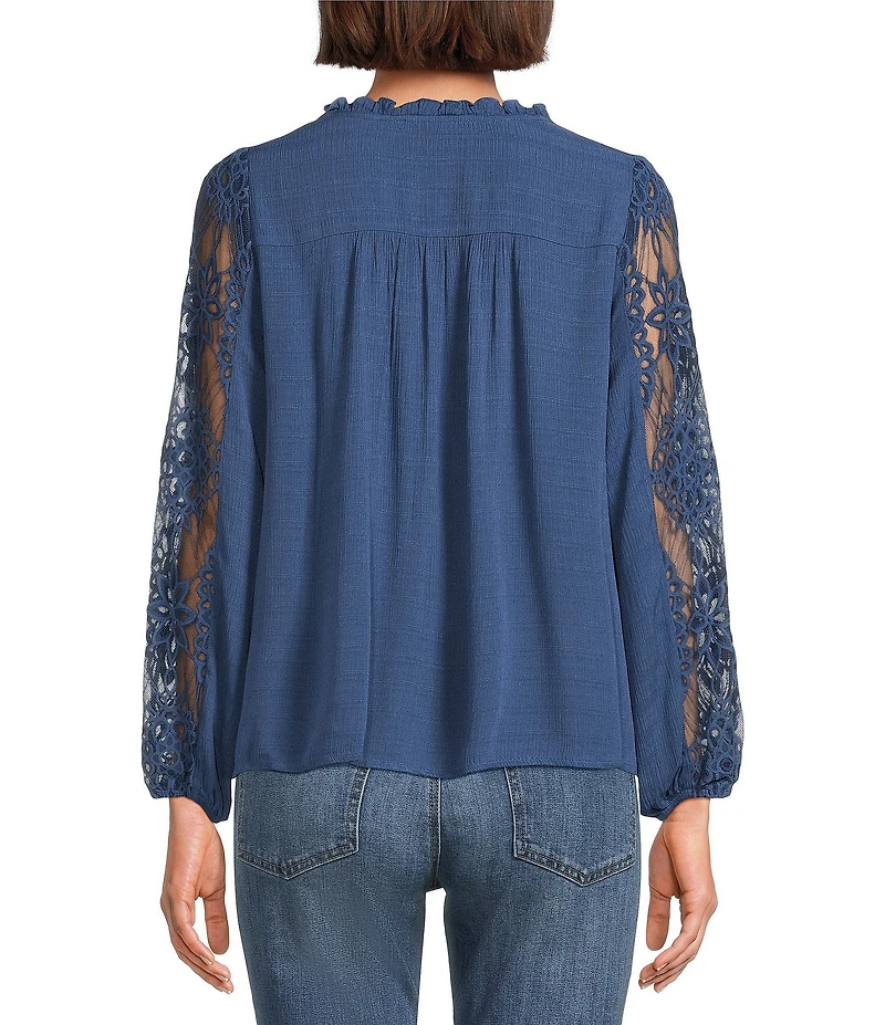 Nurture Mixed Media Lace Y-Neck Long Sleeve Top