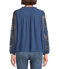 Nurture Mixed Media Lace Y-Neck Long Sleeve Top