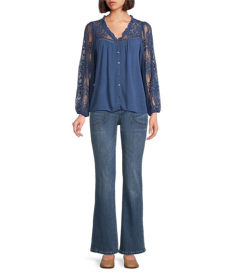 Nurture Mixed Media Lace Y-Neck Long Sleeve Top