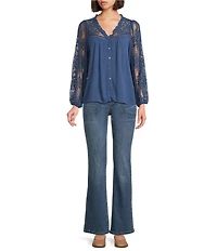 Nurture Mixed Media Lace Y-Neck Long Sleeve Top