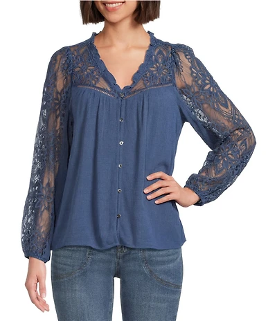 Nurture Mixed Media Lace Y-Neck Long Sleeve Top