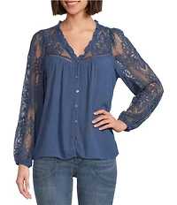 Nurture Mixed Media Lace Y-Neck Long Sleeve Top