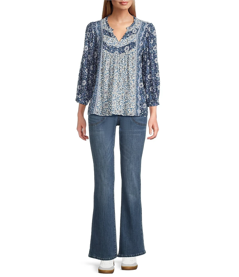 Nurture Navy Floral Print Mix Crinkle Dobby 3/4 Sleeve V-Neck Top