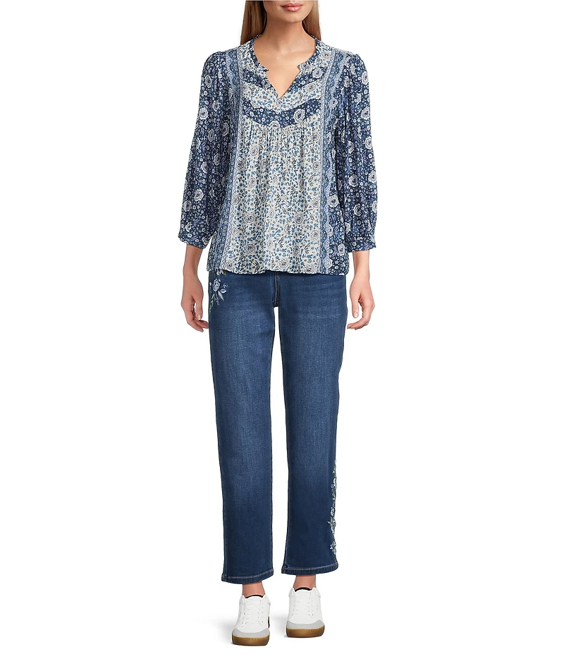 Nurture Navy Floral Print Mix Crinkle Dobby 3/4 Sleeve V-Neck Top