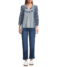 Nurture Navy Floral Print Mix Crinkle Dobby 3/4 Sleeve V-Neck Top